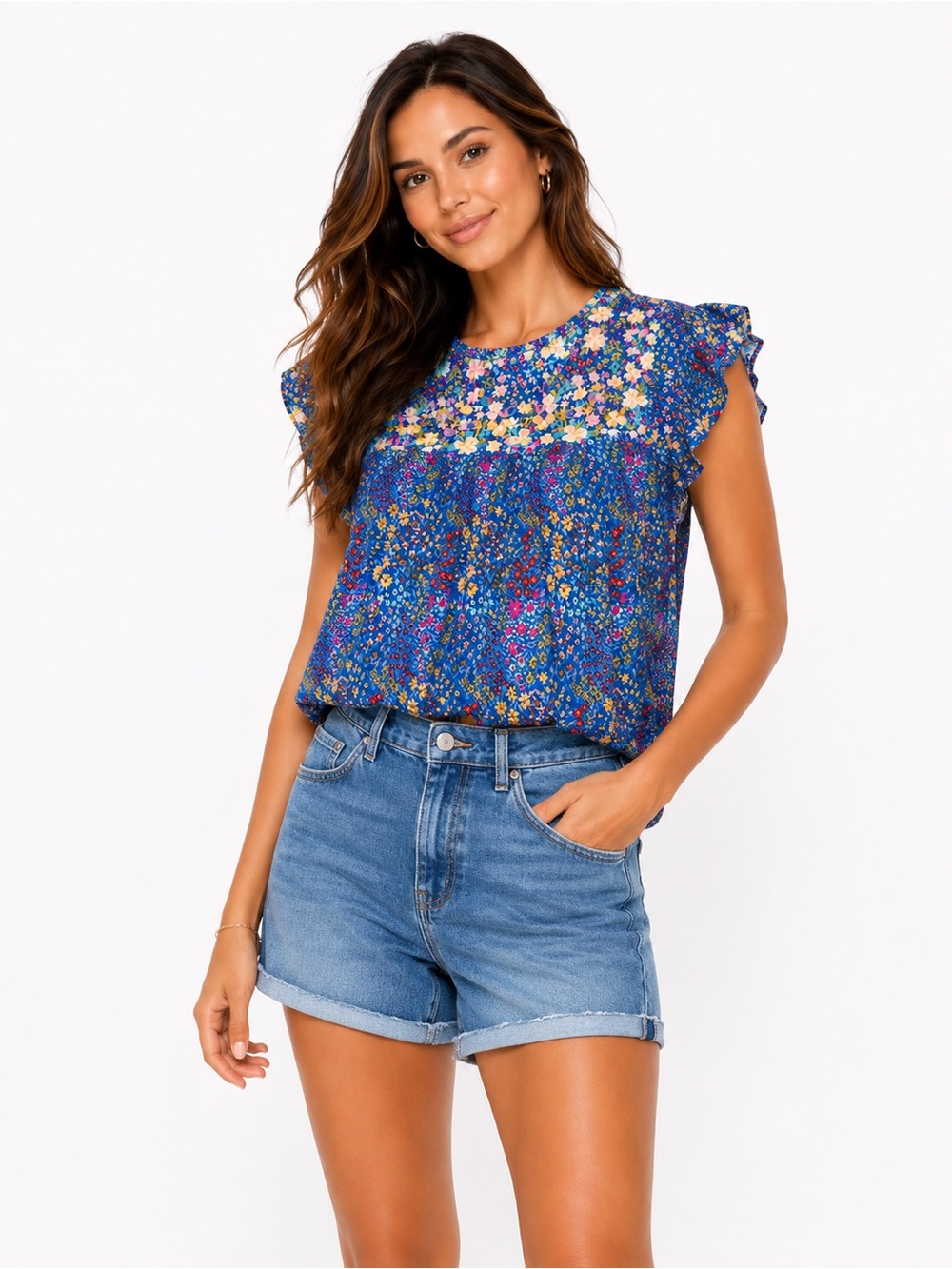 Savanna Jane Size Small Oversized Embroidered Floral Ruffle Sleeve Blouse - Blue